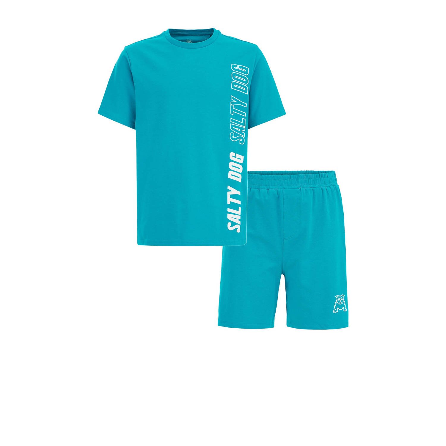 WE Fashion shortama met tekst blauw Jongens Stretchkatoen Ronde hals Tekst 122 128