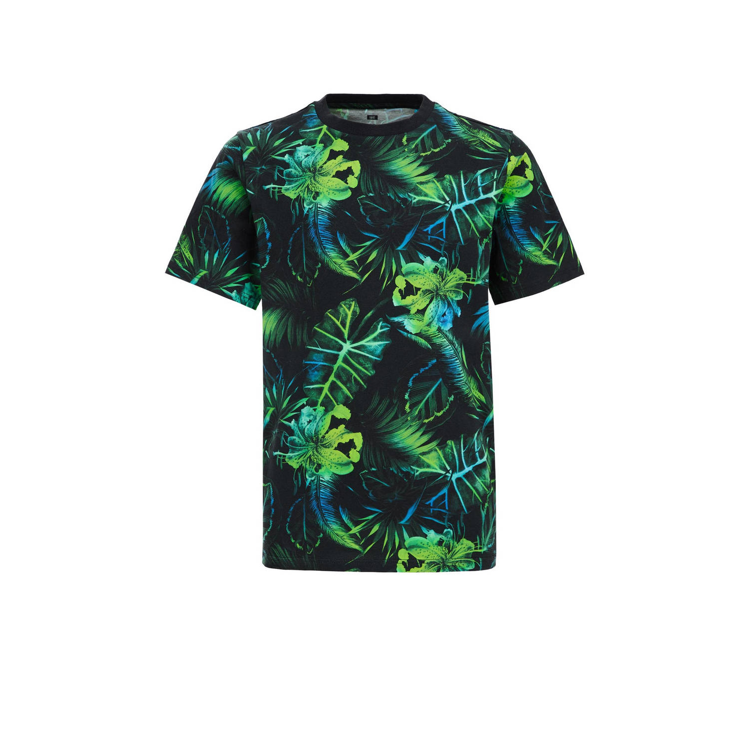 WE Fashion T-shirt met bladprint groen zwart blauw Multi Jongens Katoen Ronde hals 110 116