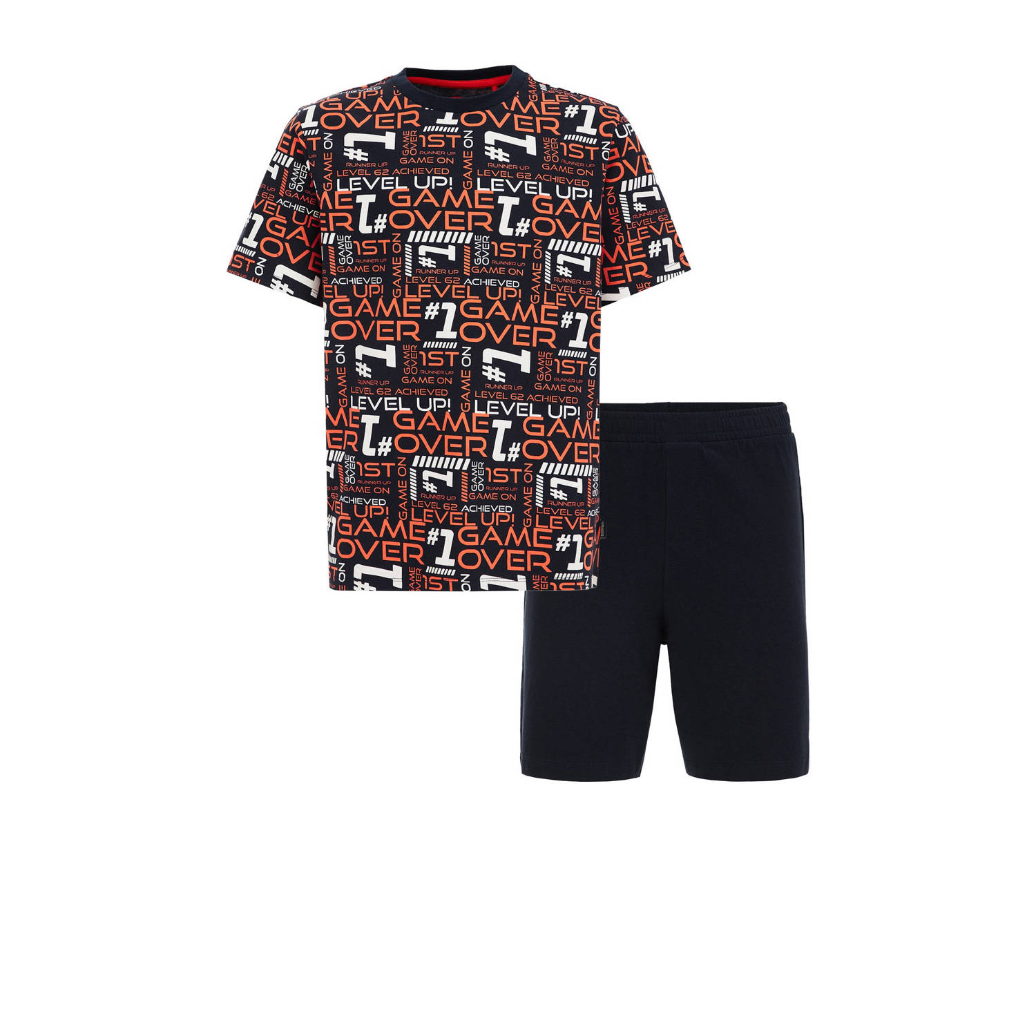 WE Fashion shortama met all over print donkerblauw oranje Jongens Stretchkatoen Ronde hals 134 140
