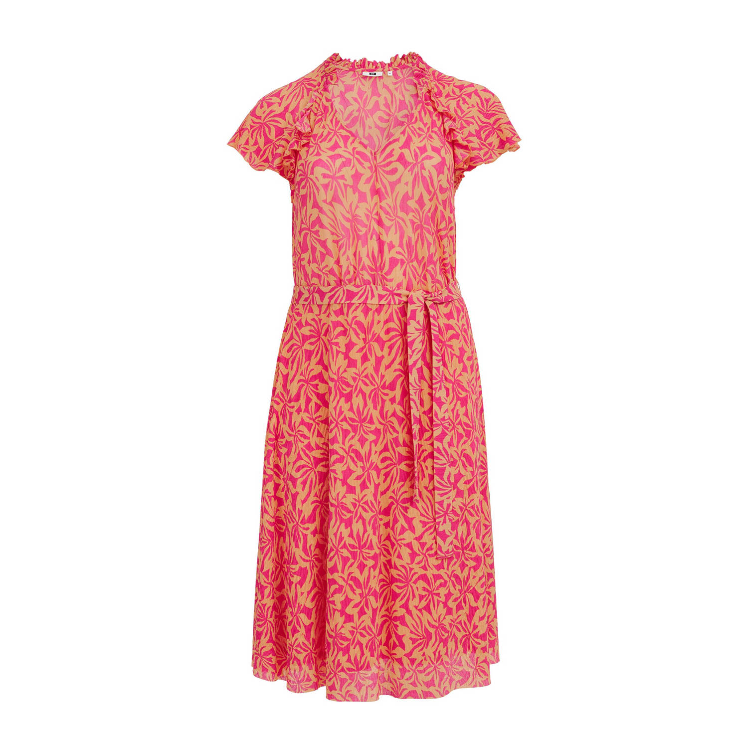 WE Fashion Curve jurk met all over print en ruches oranje roze