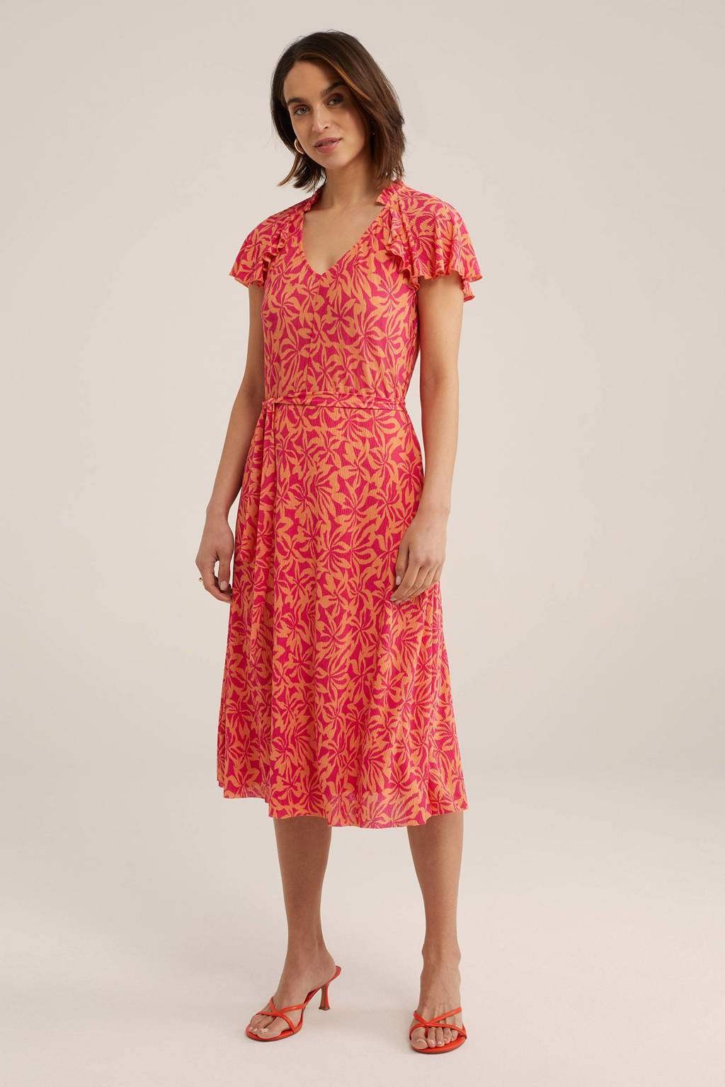 WE Fashion jurk met all over print en ruches oranje/roze wehkamp