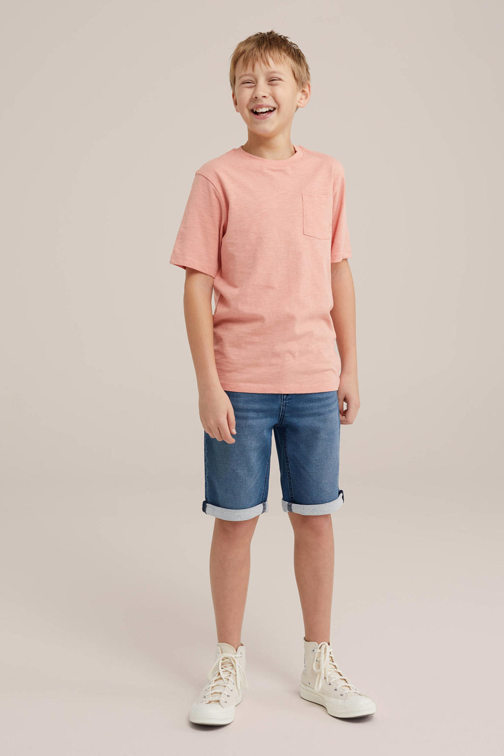 Roze jongens WE Fashion T-shirt zalmroze van katoen met effen, korte mouwen en ronde hals