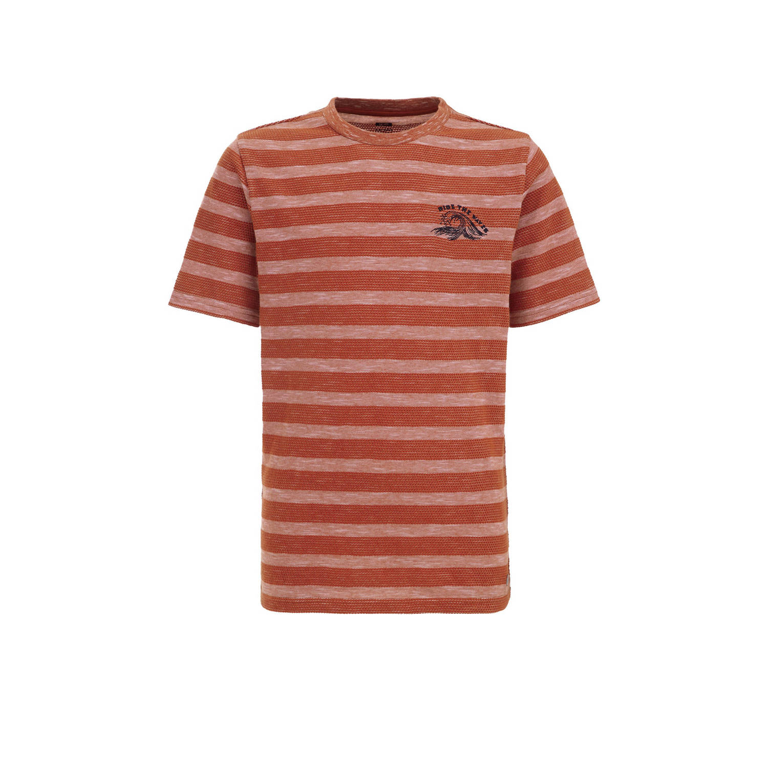 WE Fashion t-shirt met streep bruin Jongens Biologisch katoen Ronde hals 98 104
