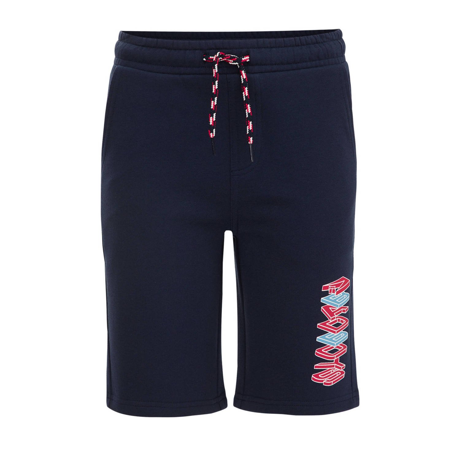 WE Fashion slim fit sweatshort met printopdruk donkerblauw Printopdruk 104