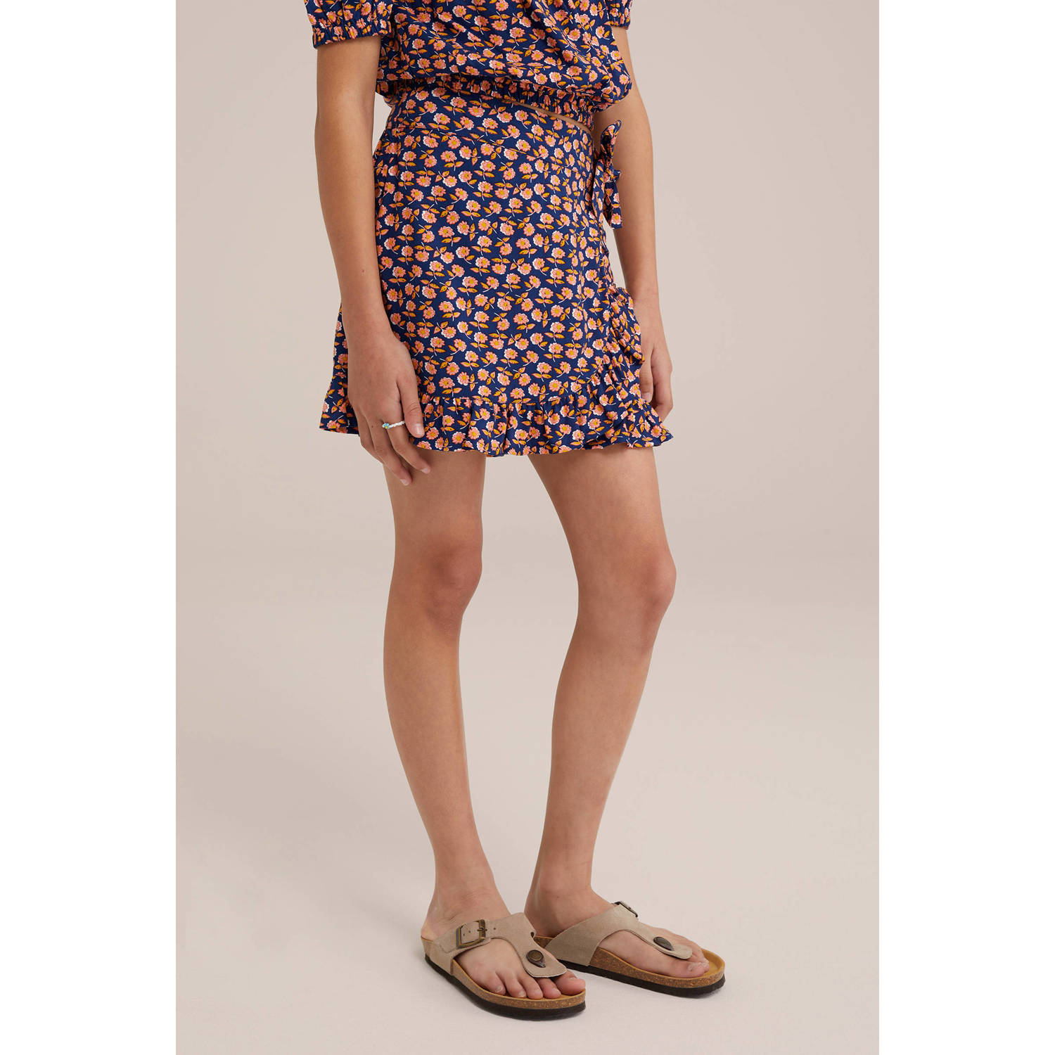 WE Fashion skort met all over print donkerblauw roze