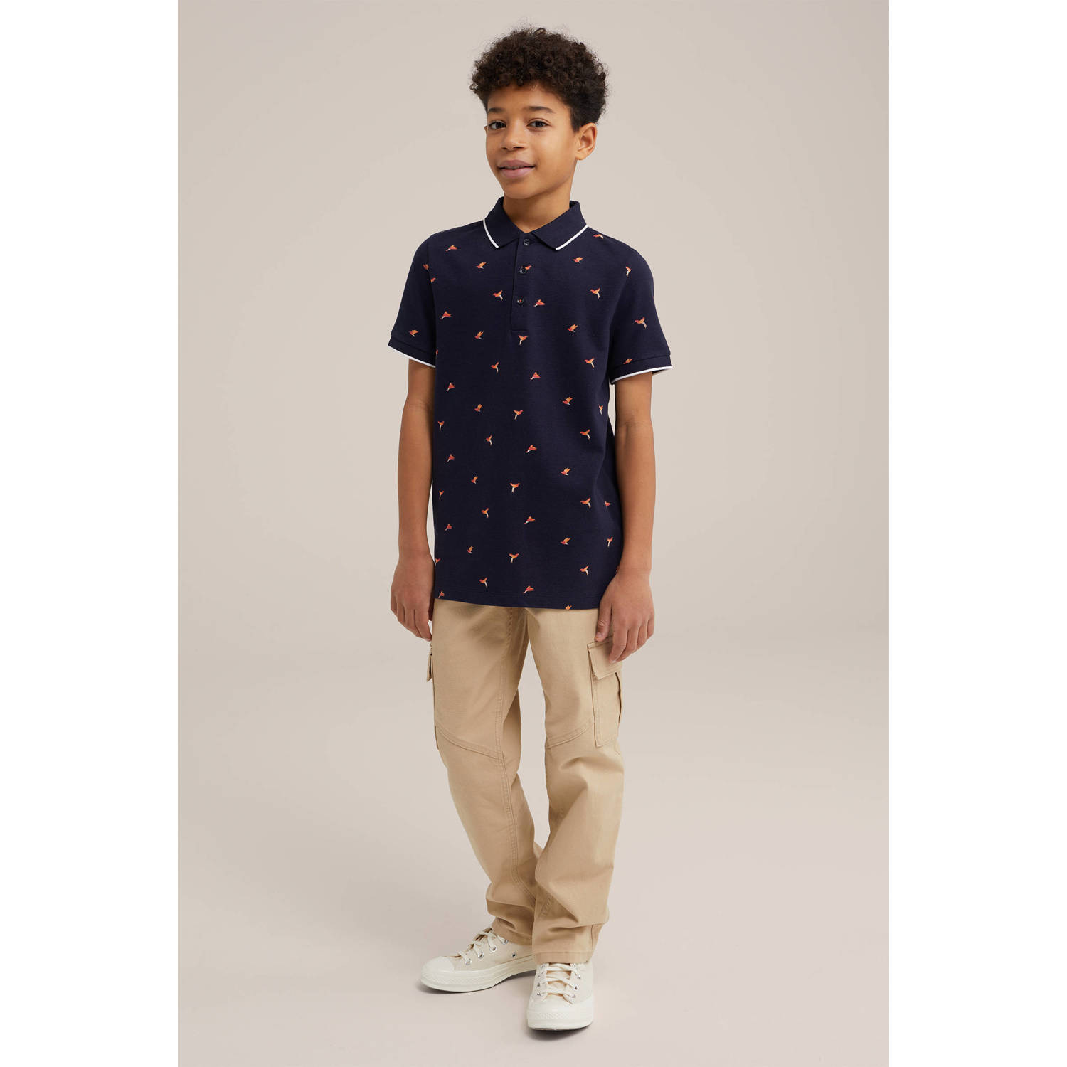 WE Fashion polo met all over print donkerblauw