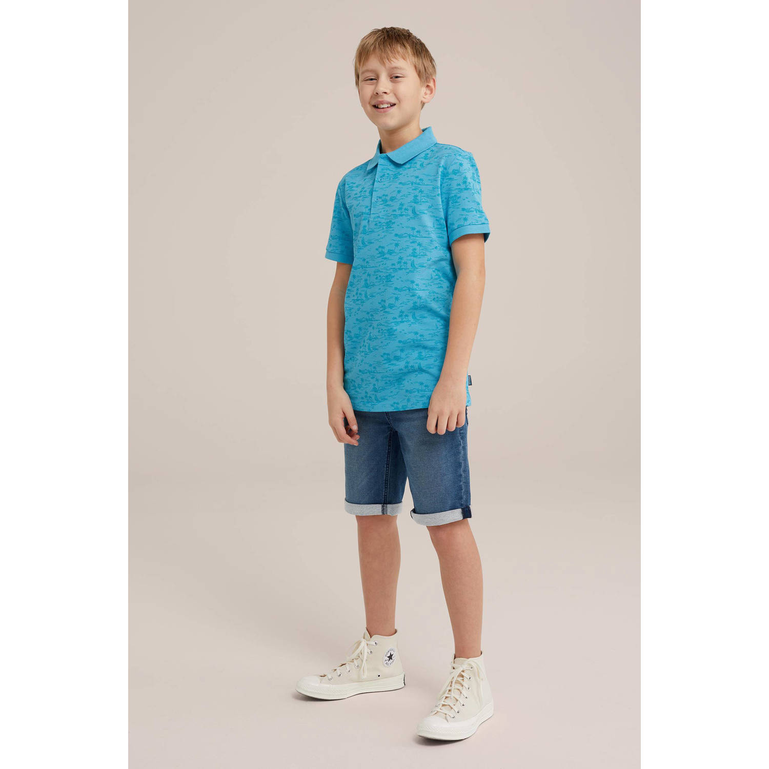 WE Fashion polo met all over print blauw