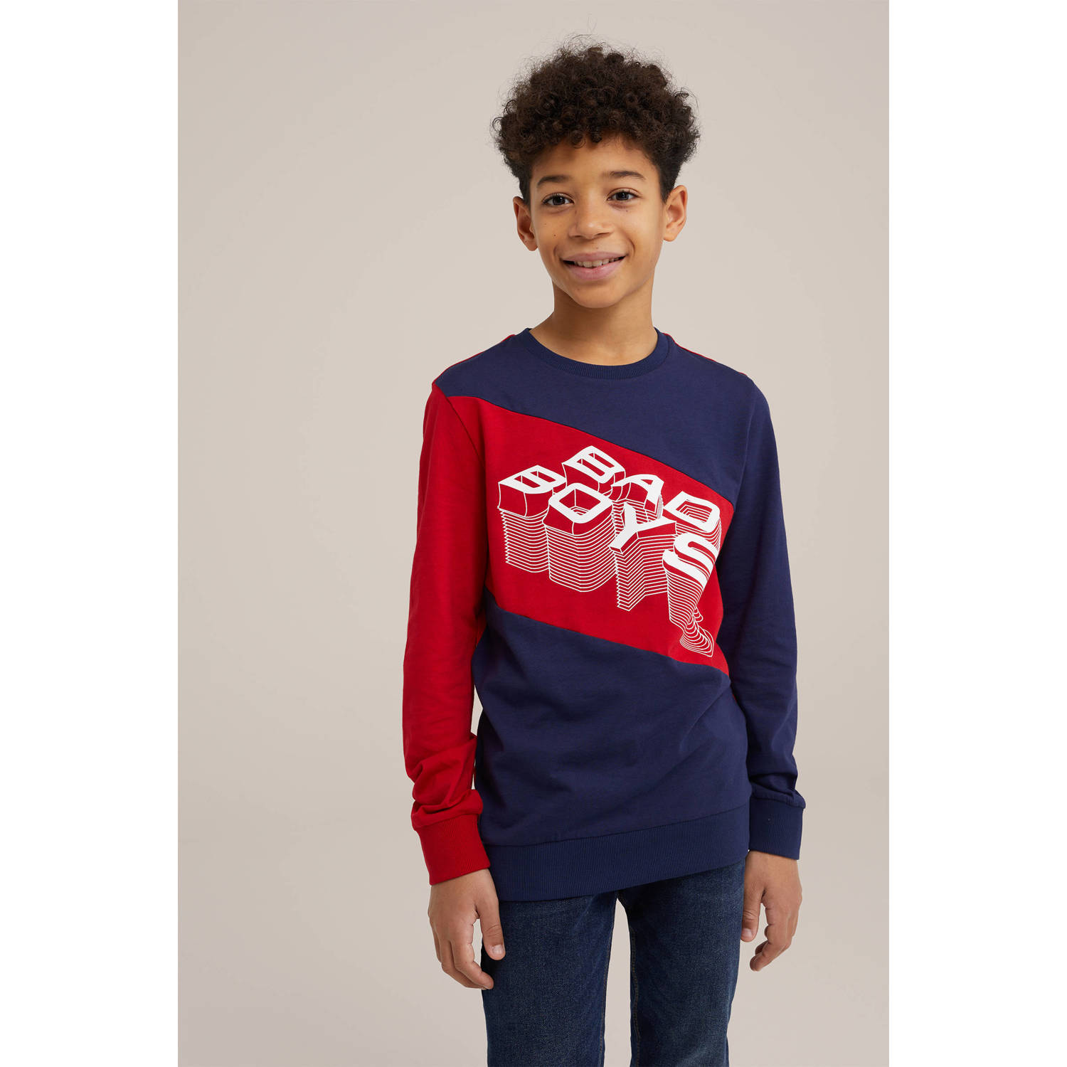 WE Fashion longsleeve donkerblauw rood