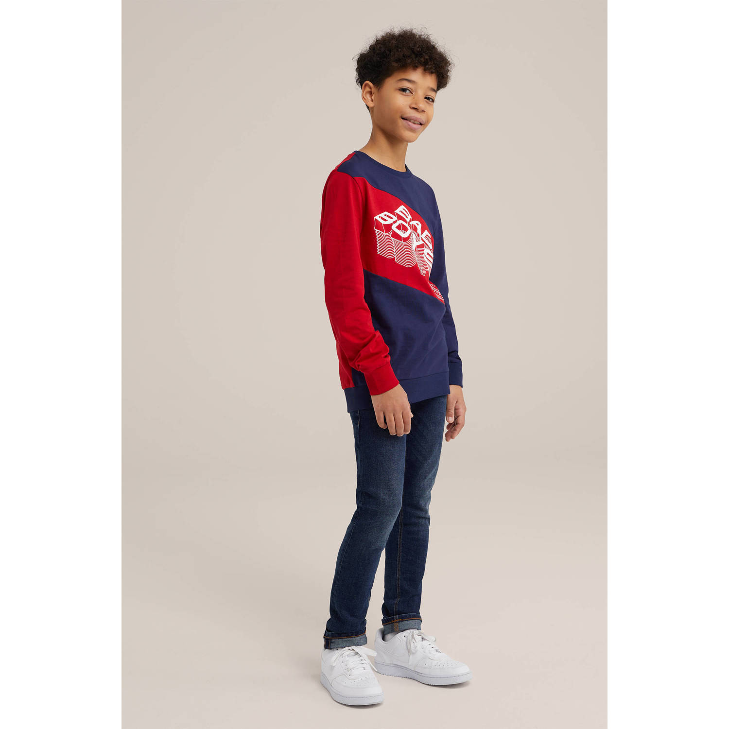 WE Fashion longsleeve donkerblauw rood