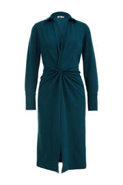 thumbnail: Petrolkleurige dames WE Fashion jurk van jersey met effen, lange mouwen, V-hals en knoopdetail
