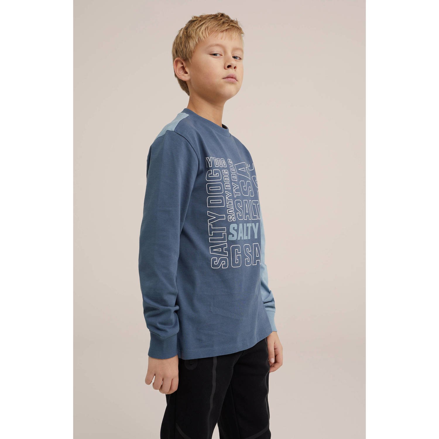 WE Fashion Salty Dog longsleeve met tekst blauw