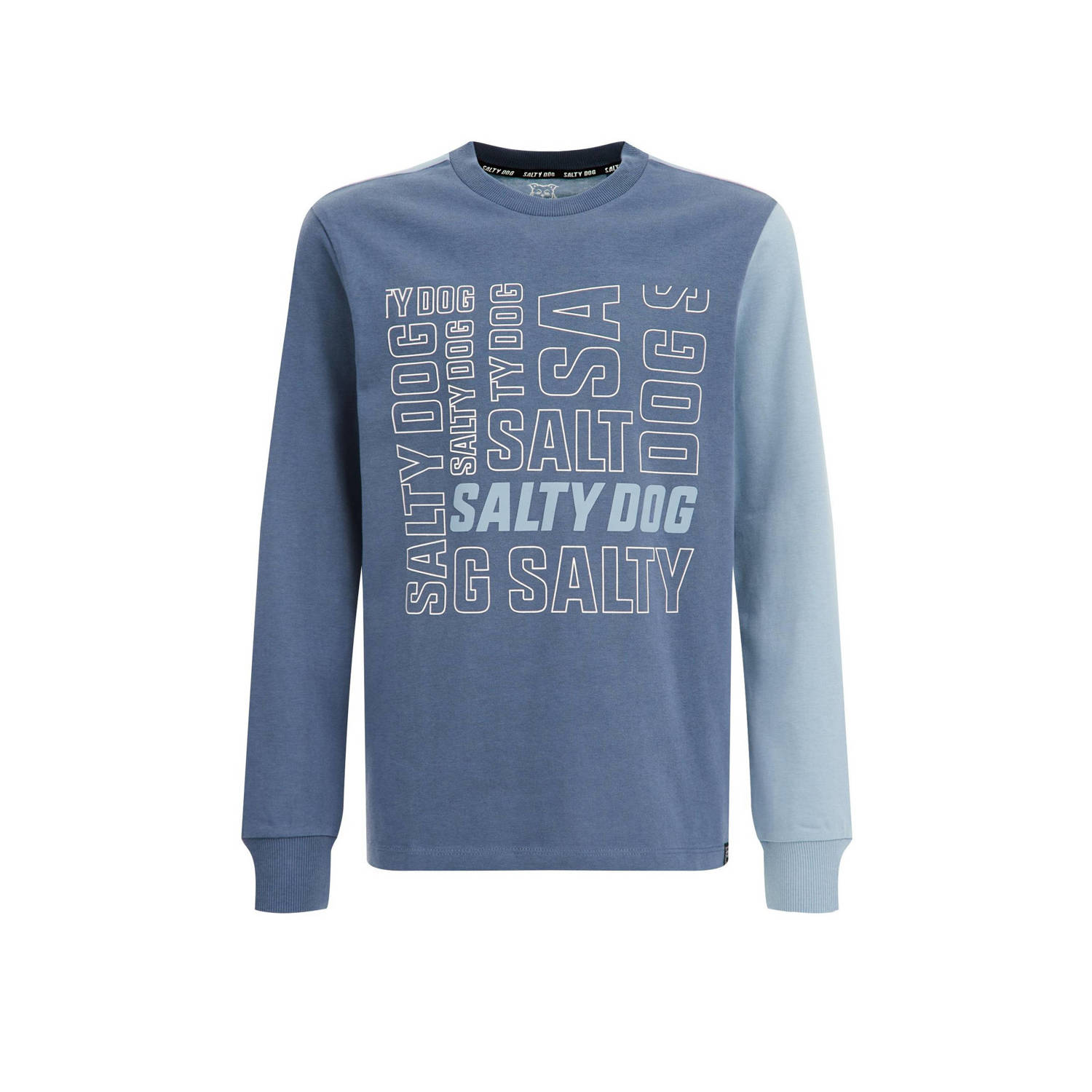 WE Fashion Salty Dog longsleeve met tekst blauw Jongens Katoen Ronde hals 110 116