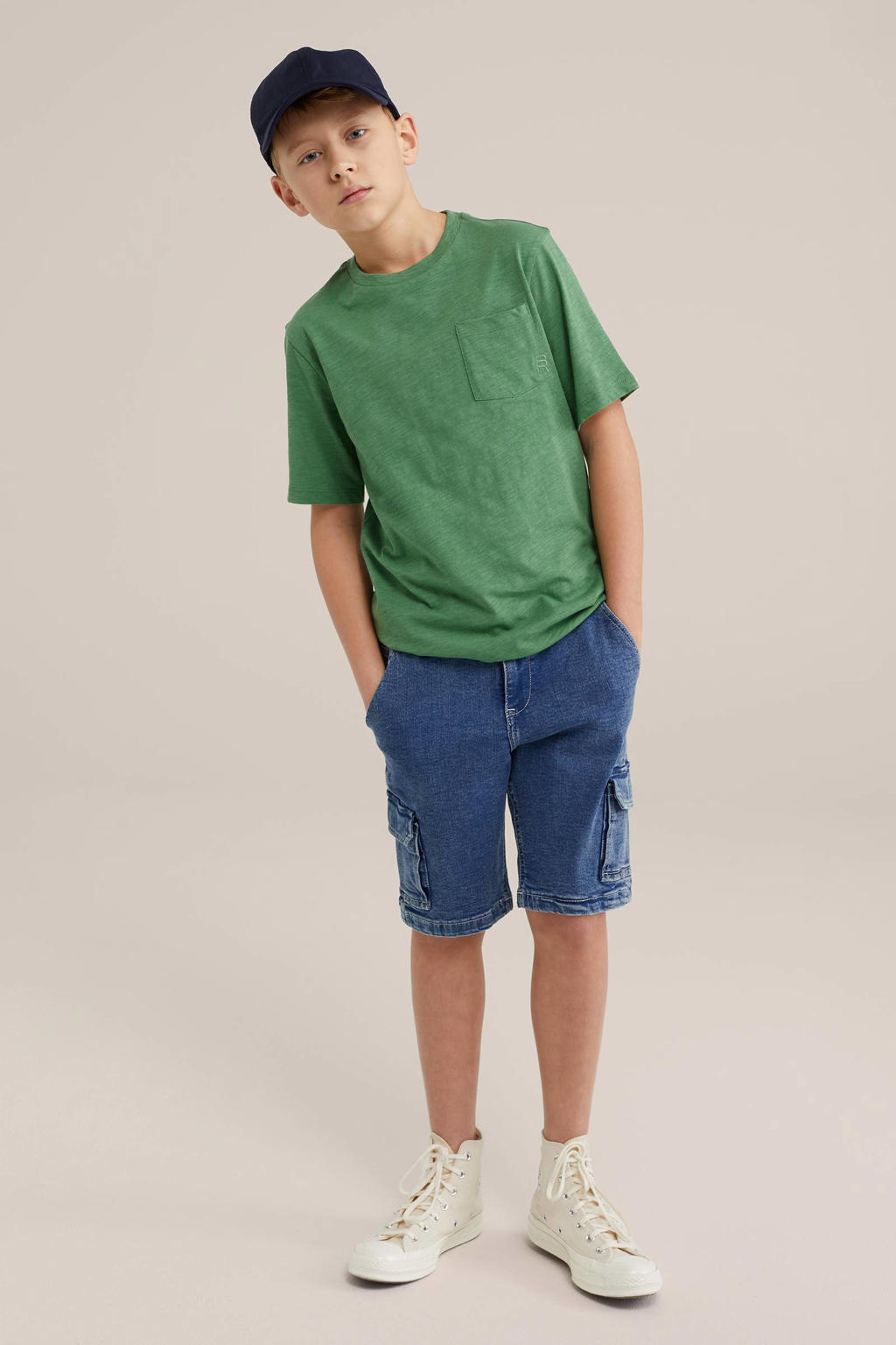 Groene jongens WE Fashion T-shirt van katoen met effen, korte mouwen en ronde hals