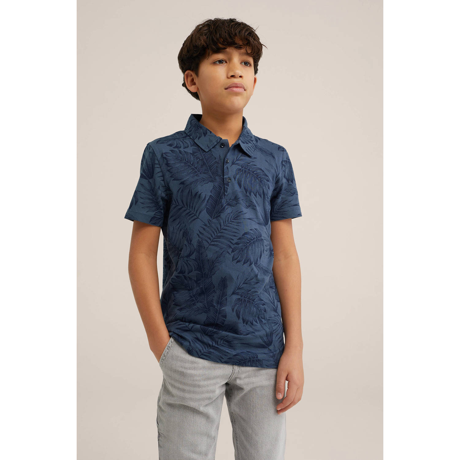 WE Fashion polo met bladprint donkerblauw