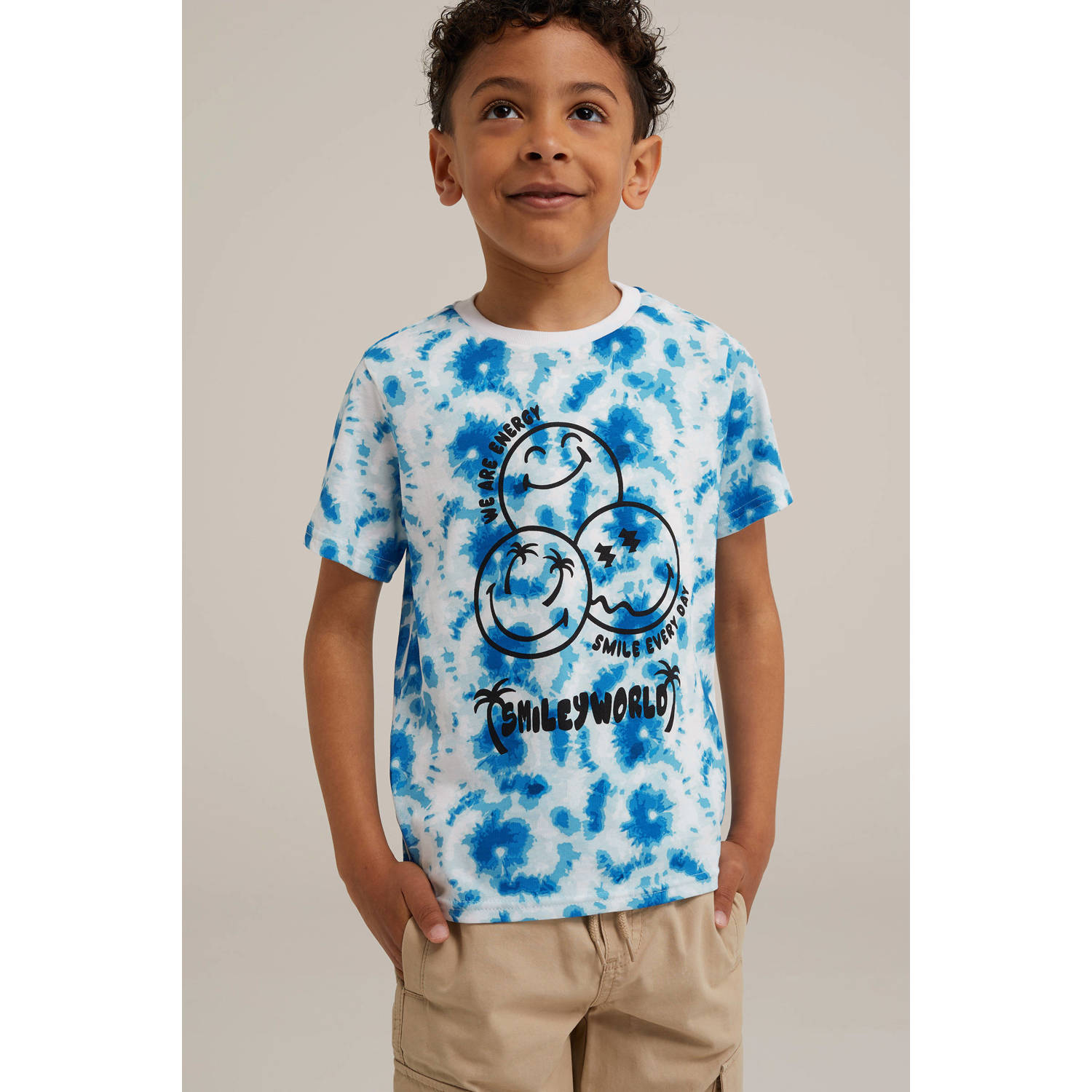 WE Fashion tie-dye T-shirt blauw wit zwart