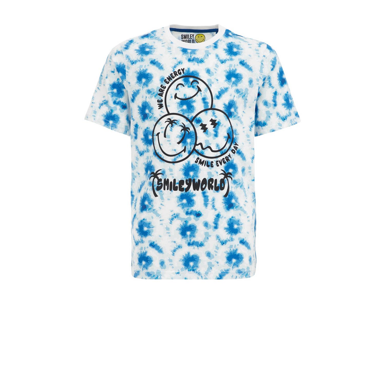 WE Fashion tie-dye T-shirt blauw wit zwart Jongens Katoen Ronde hals Tie-dye 158 164