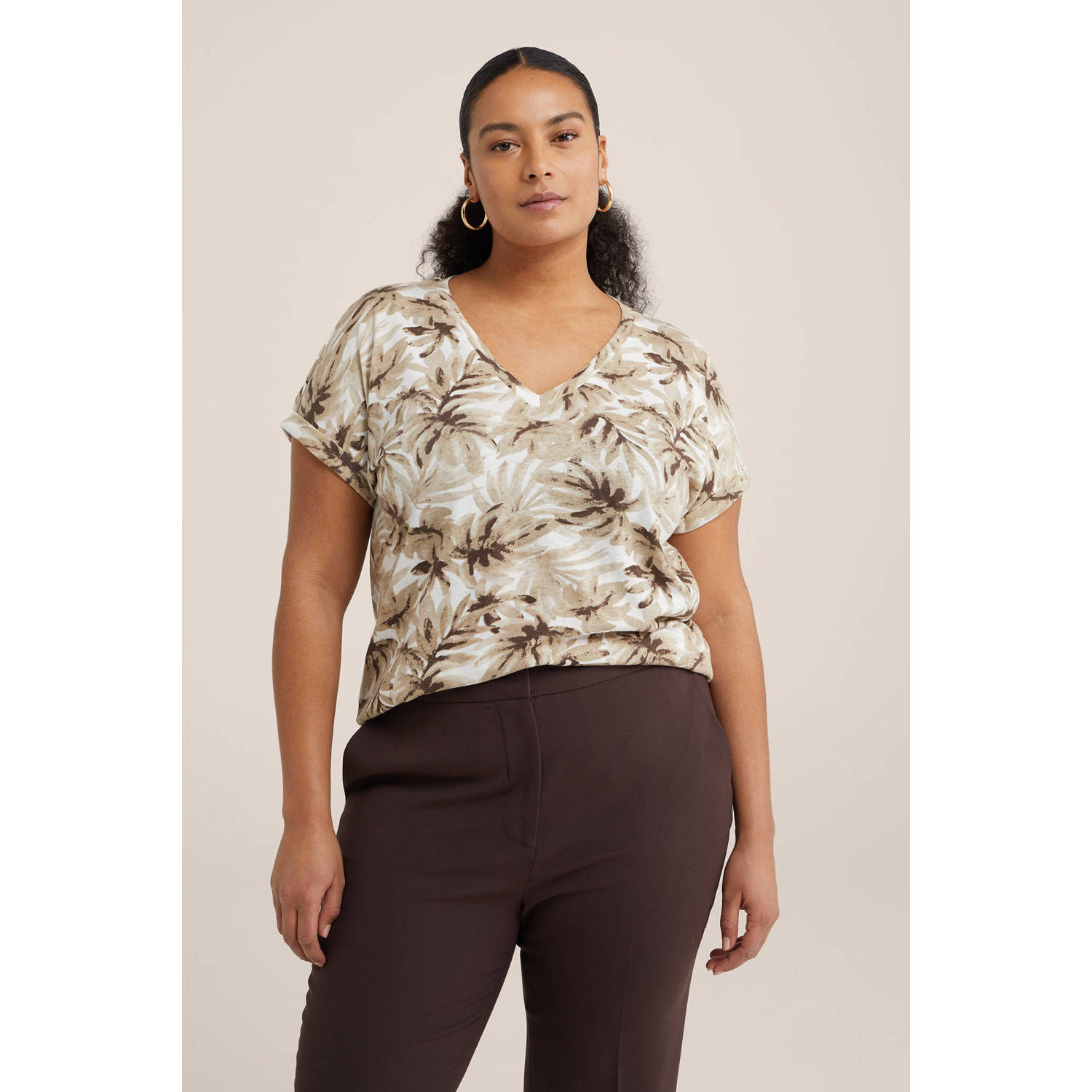 WE Fashion Curve top met all over print greige