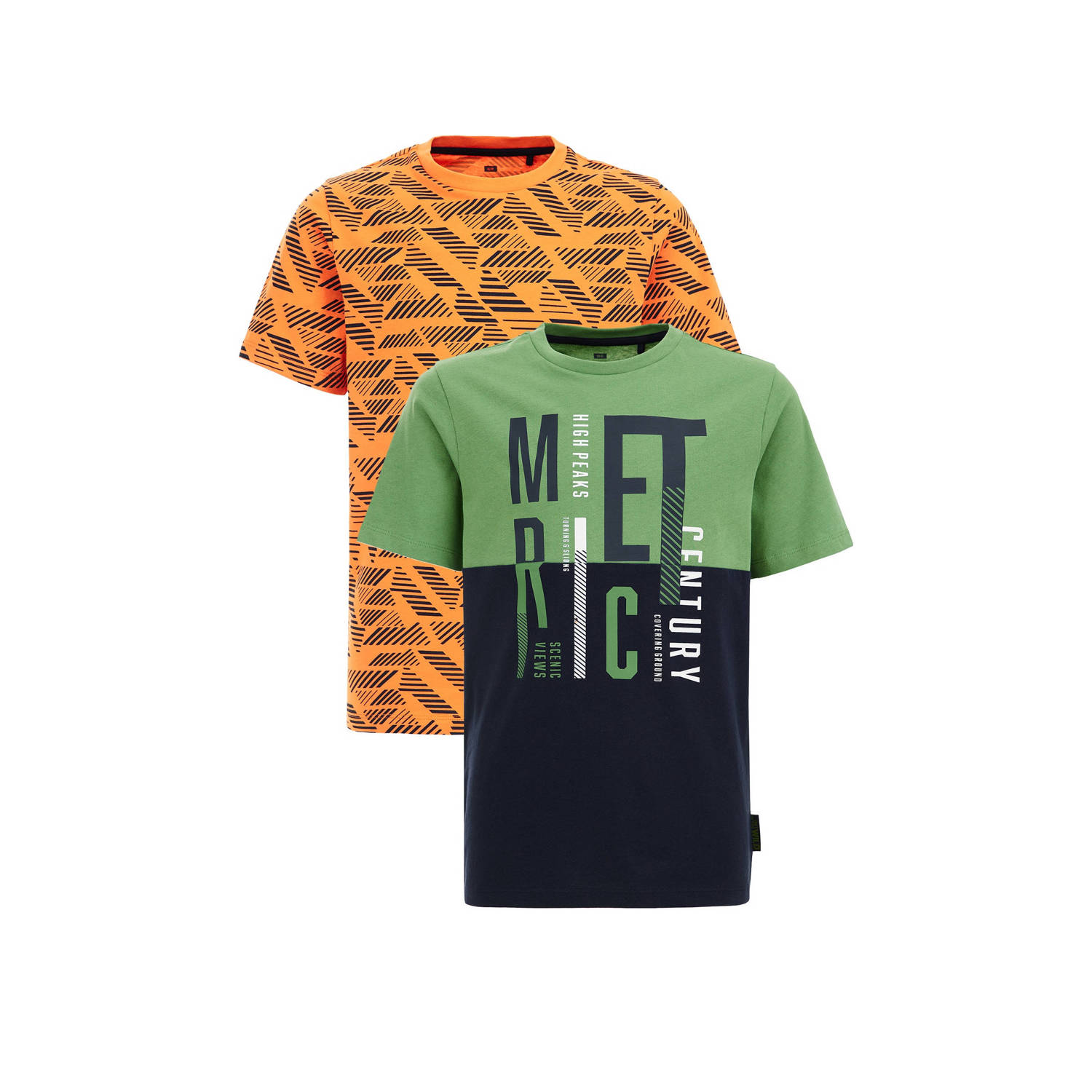 WE Fashion T-shirt set van 2 oranje groen Jongens Katoen Ronde hals Meerkleurig 134 140
