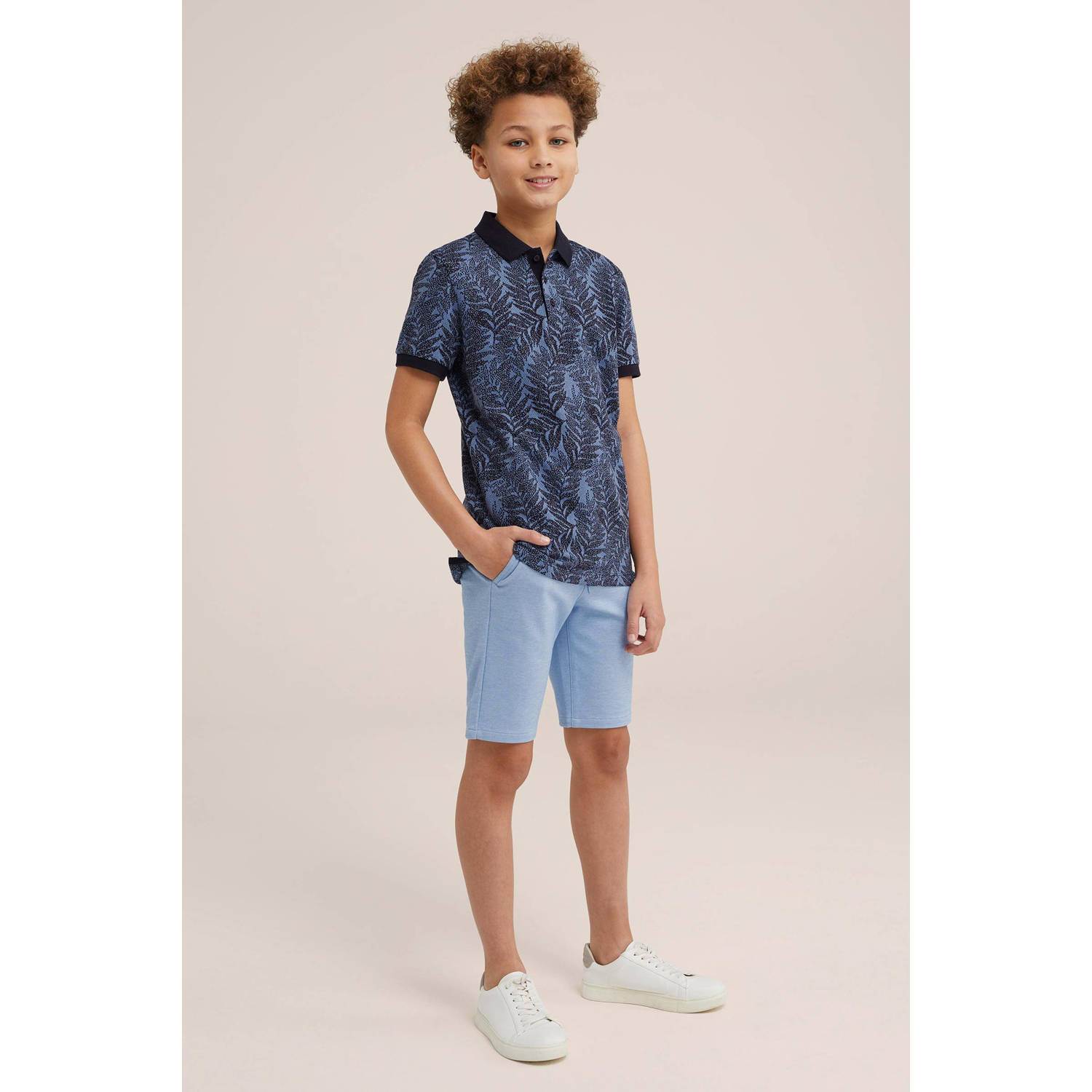 WE Fashion polo met bladprint donkerblauw