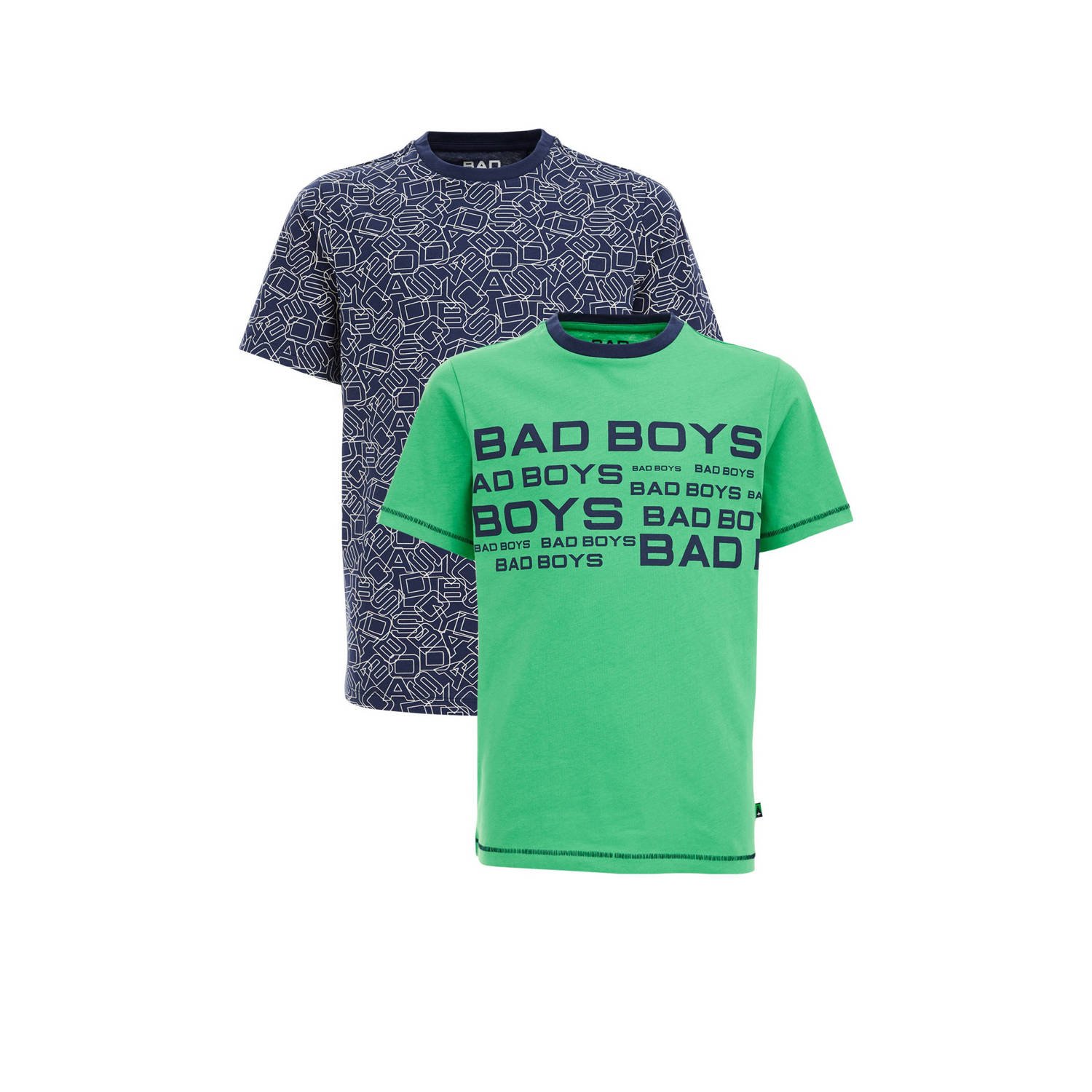 WE Fashion T-shirt set van 2 groen blauw Jongens Katoen Ronde hals Tekst 146 152