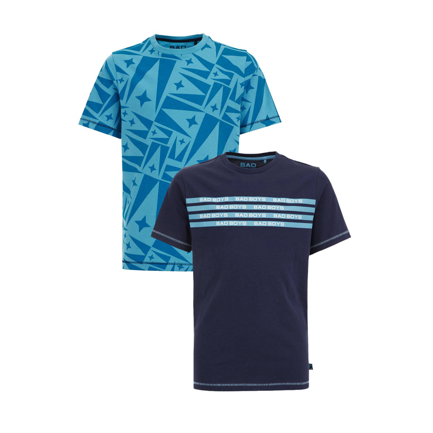 WE Fashion T-shirt met printopdruk set van 2 blauw turquoise Jongens Katoen Ronde hals 110 116