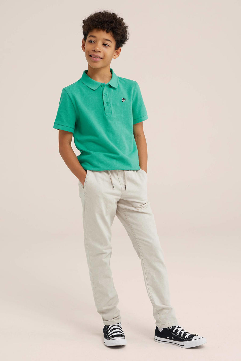 Blauwe jongens WE Fashion polo ijsblauw van katoen met effen, korte mouwen en knoopsluiting