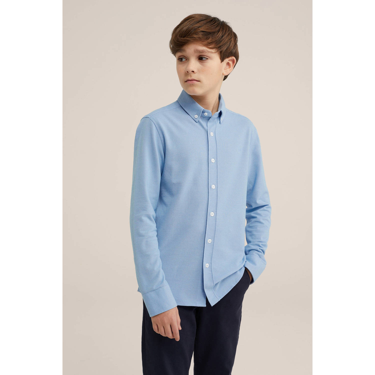 WE Fashion overhemd blauw Jongens Katoen Klassieke kraag Effen 122 128