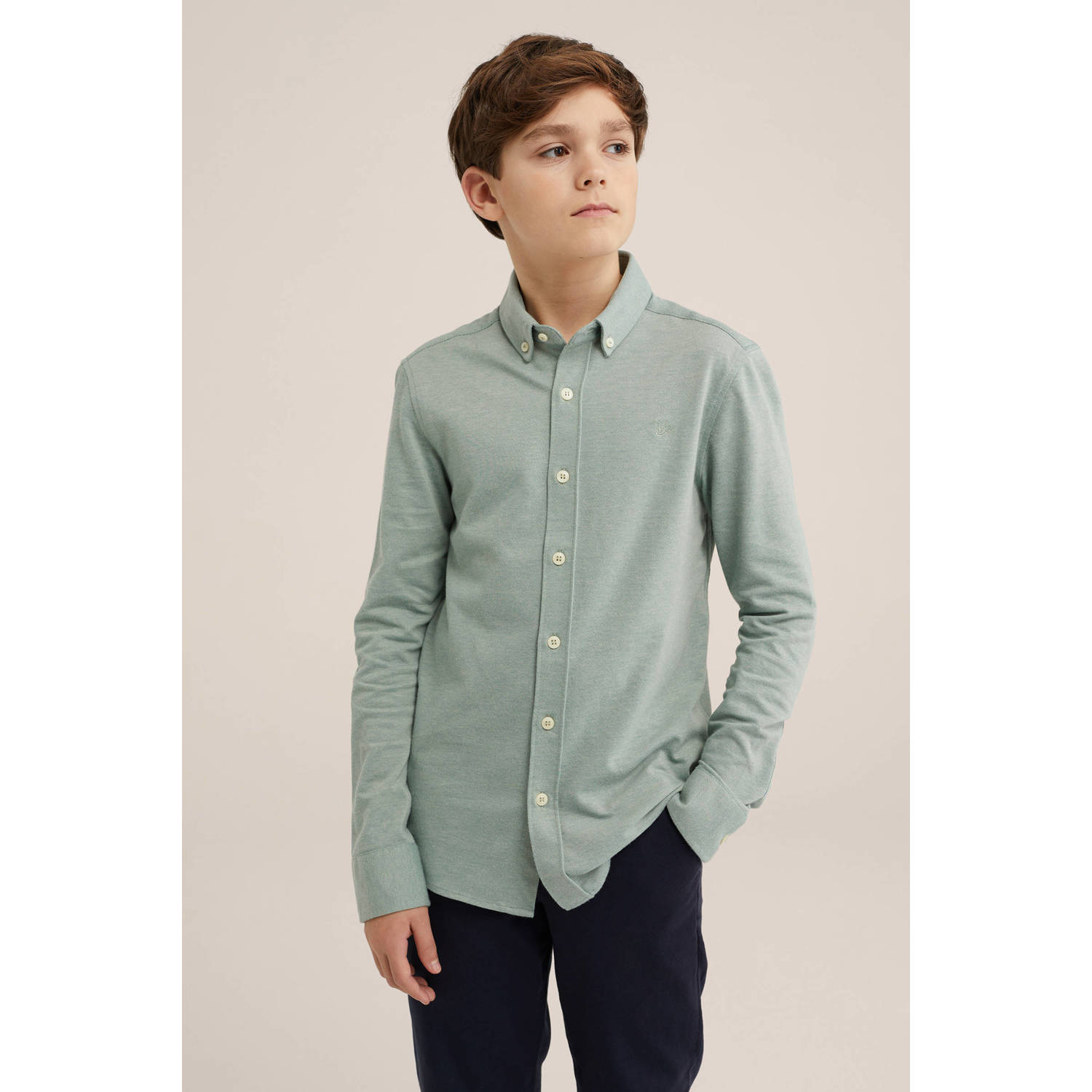 WE Fashion overhemd mintgroen Jongens Katoen Klassieke kraag Effen 110 116