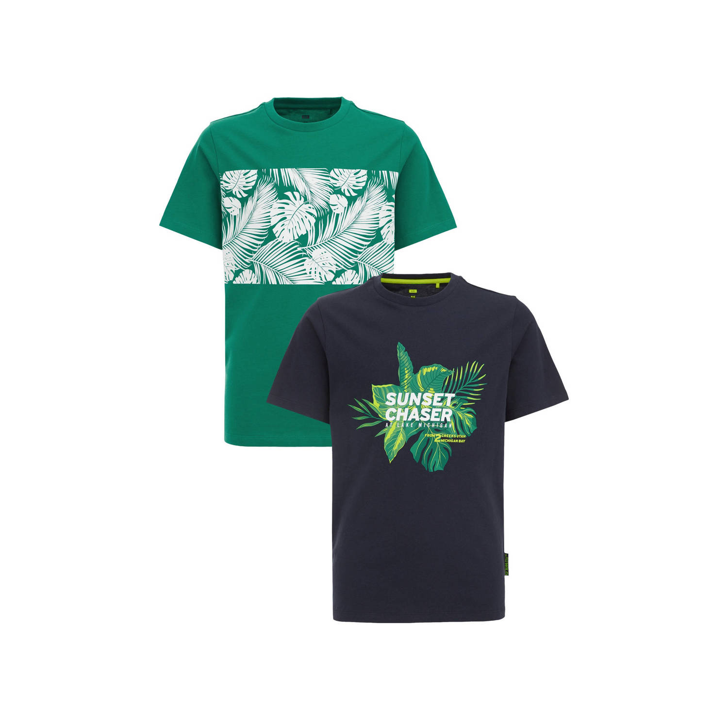 WE Fashion T-shirt set van 2 groen zwart Jongens Katoen Ronde hals Printopdruk 146 152