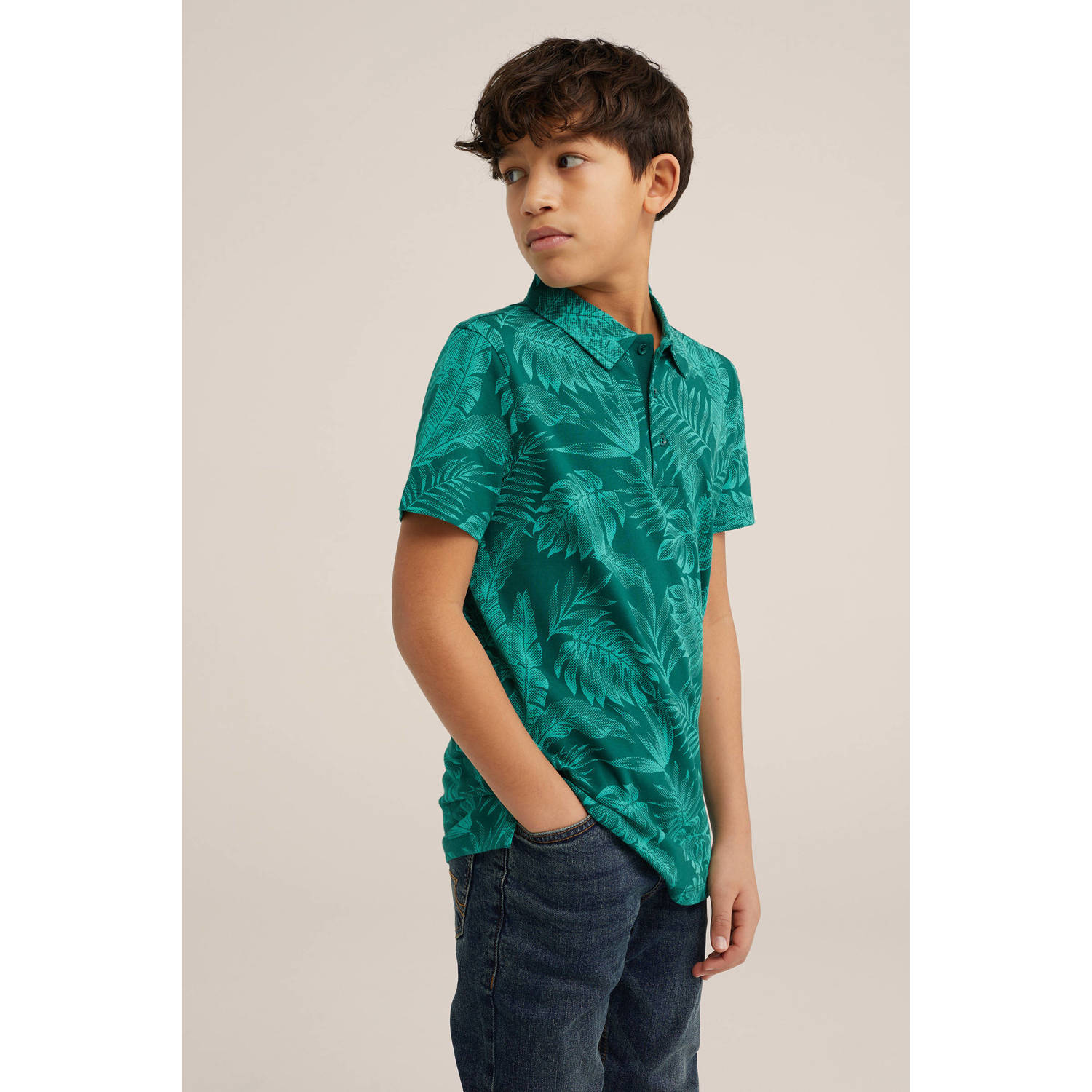 WE Fashion polo met bladprint groen