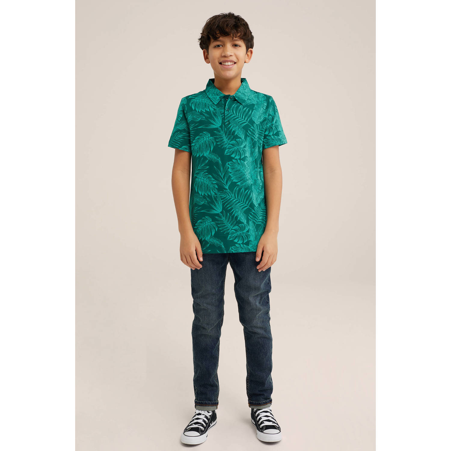 WE Fashion polo met bladprint groen