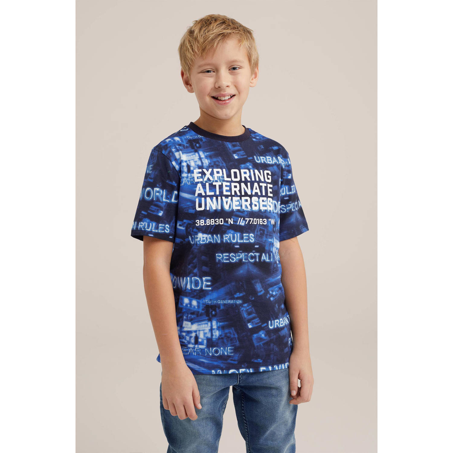 WE Fashion T-shirt met all over print blauw