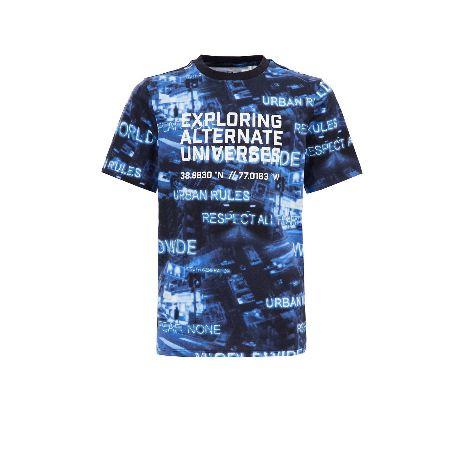 WE Fashion T-shirt met all over print blauw Jongens Katoen Ronde hals All over print 110 116