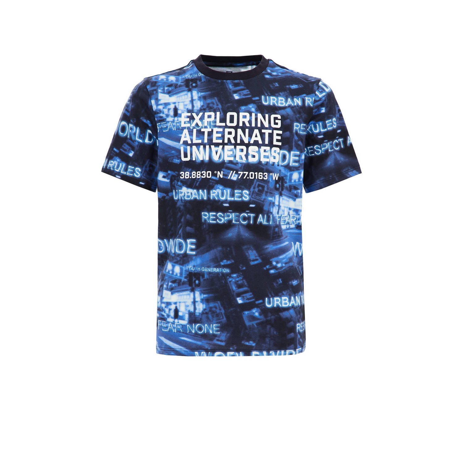 WE Fashion T-shirt met all over print blauw Jongens Biologisch katoen Ronde hals 110 116
