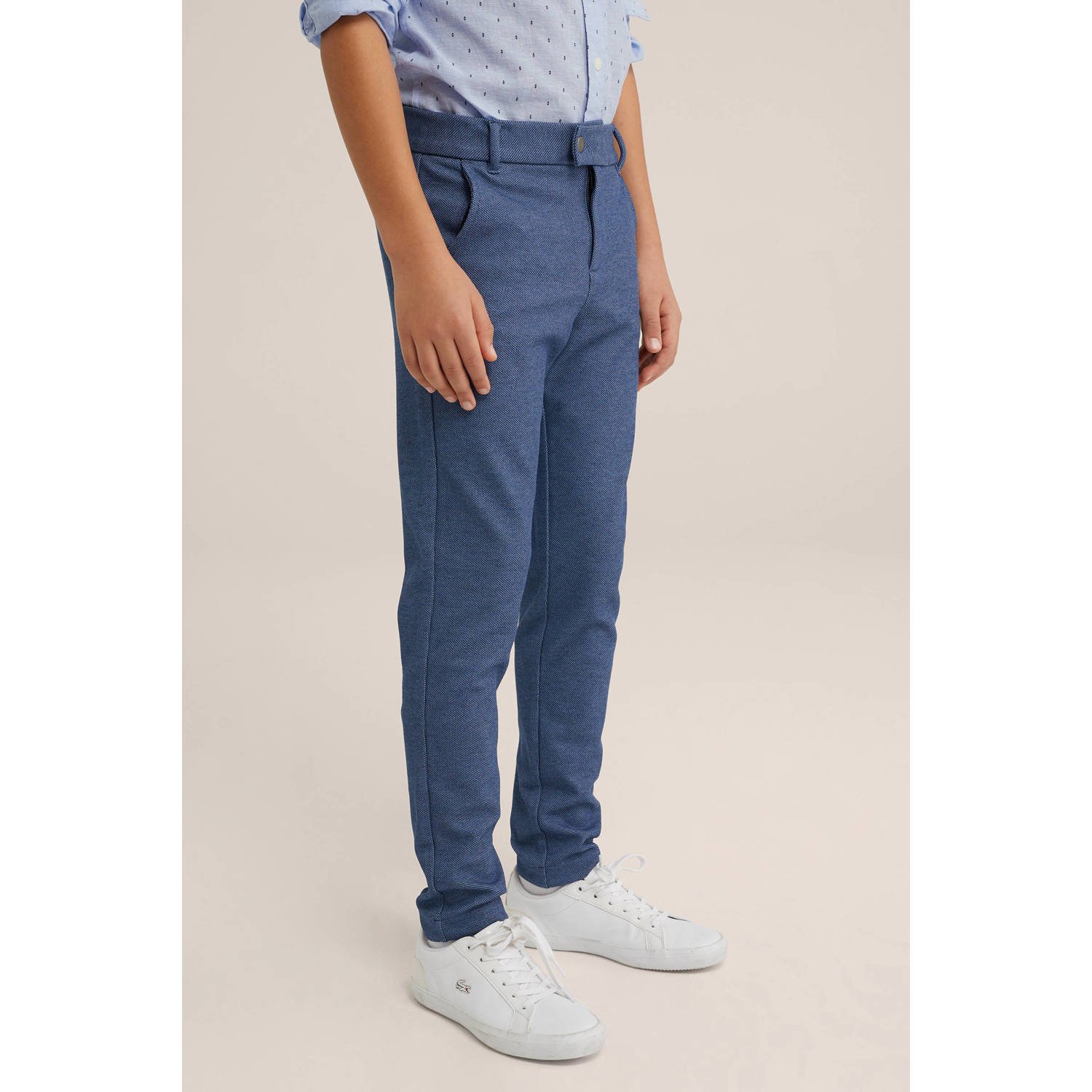 WE Fashion gemêleerde slim fit broek blauw Jongens Polyester Melée 110