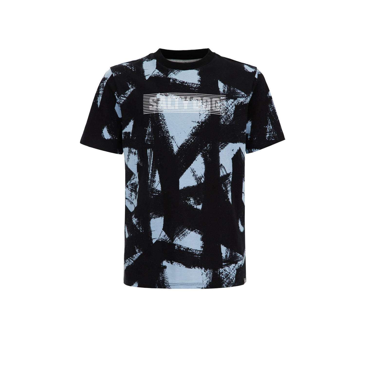 WE Fashion T-shirt met all over print zwart grijsblauw Jongens Biologisch katoen Ronde hals 110 116