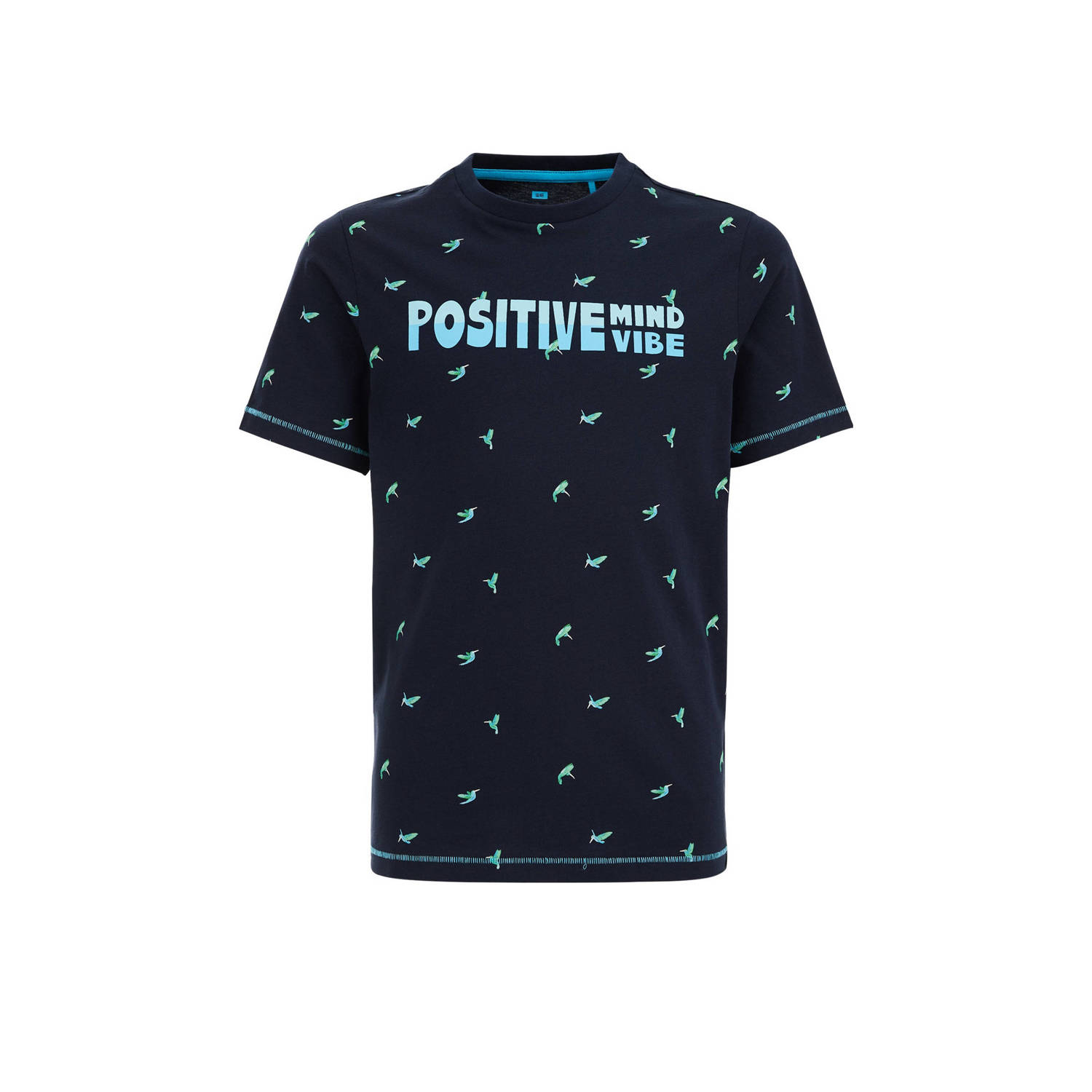 WE Fashion T-shirt met all over print navy lichtblauw Jongens Biologisch katoen Ronde hals 122 128