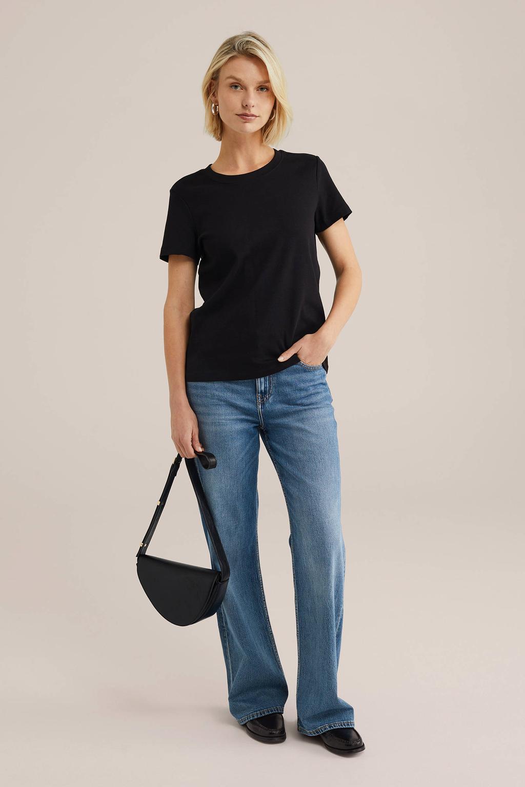 Zwarte dames WE Fashion T-shirt van katoen met effen, korte mouwen en ronde hals