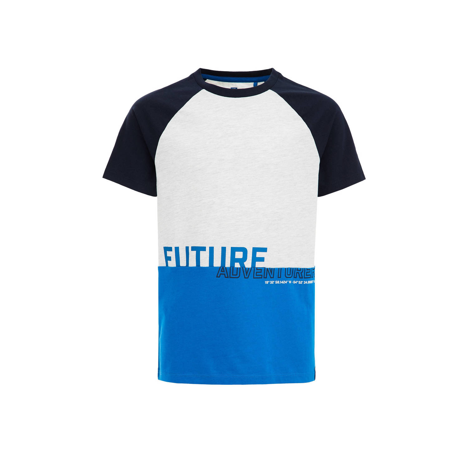 WE Fashion T-shirt blauw wit Jongens Katoen Ronde hals Meerkleurig 110 116