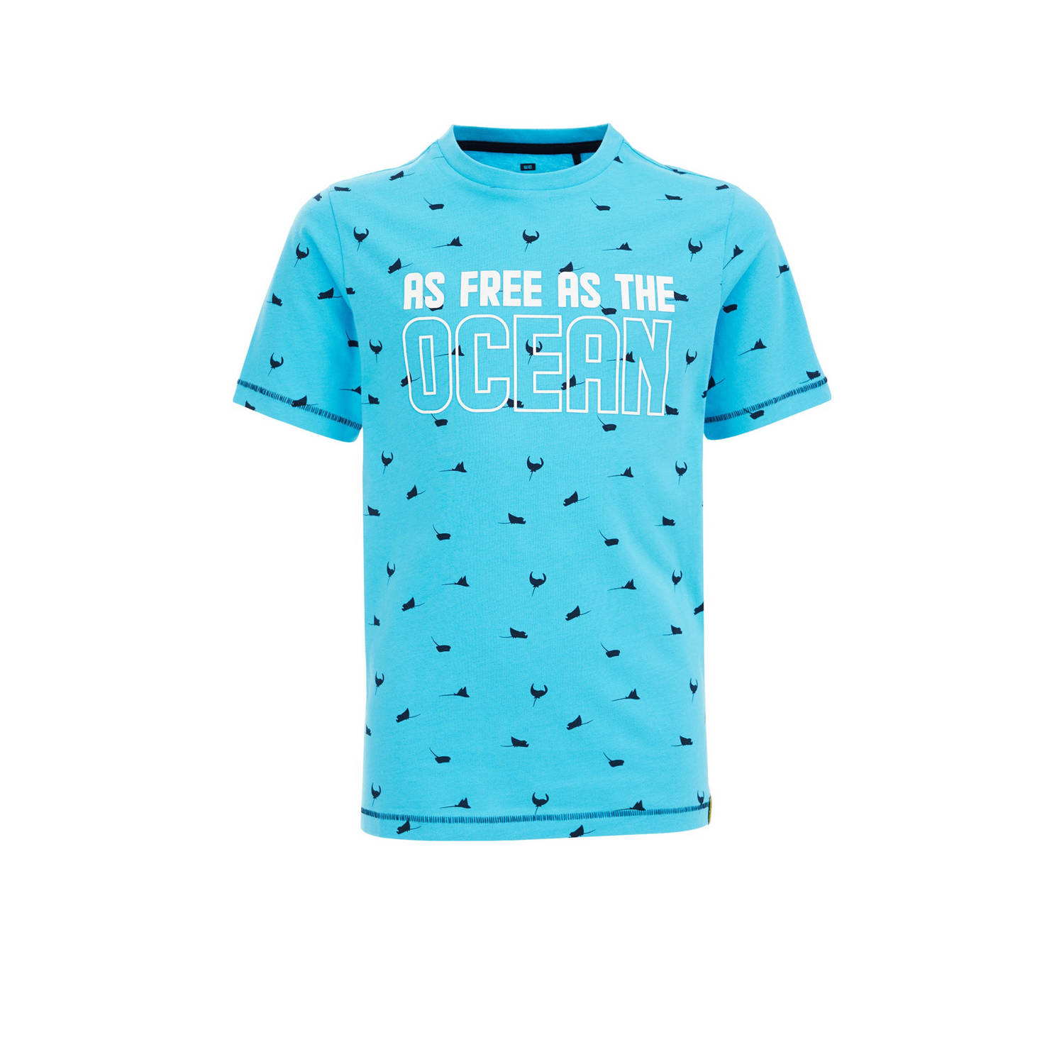 WE Fashion T-shirt met all over print blauw donkerblauw Jongens Biologisch katoen Ronde hals 98 104