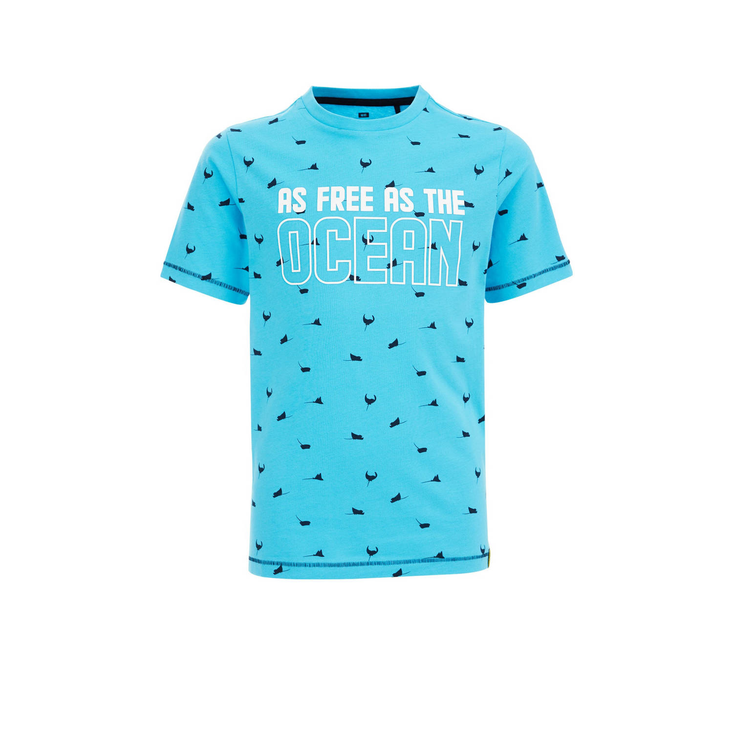 WE Fashion T-shirt met all over print blauw donkerblauw Jongens Biologisch katoen Ronde hals 110 116
