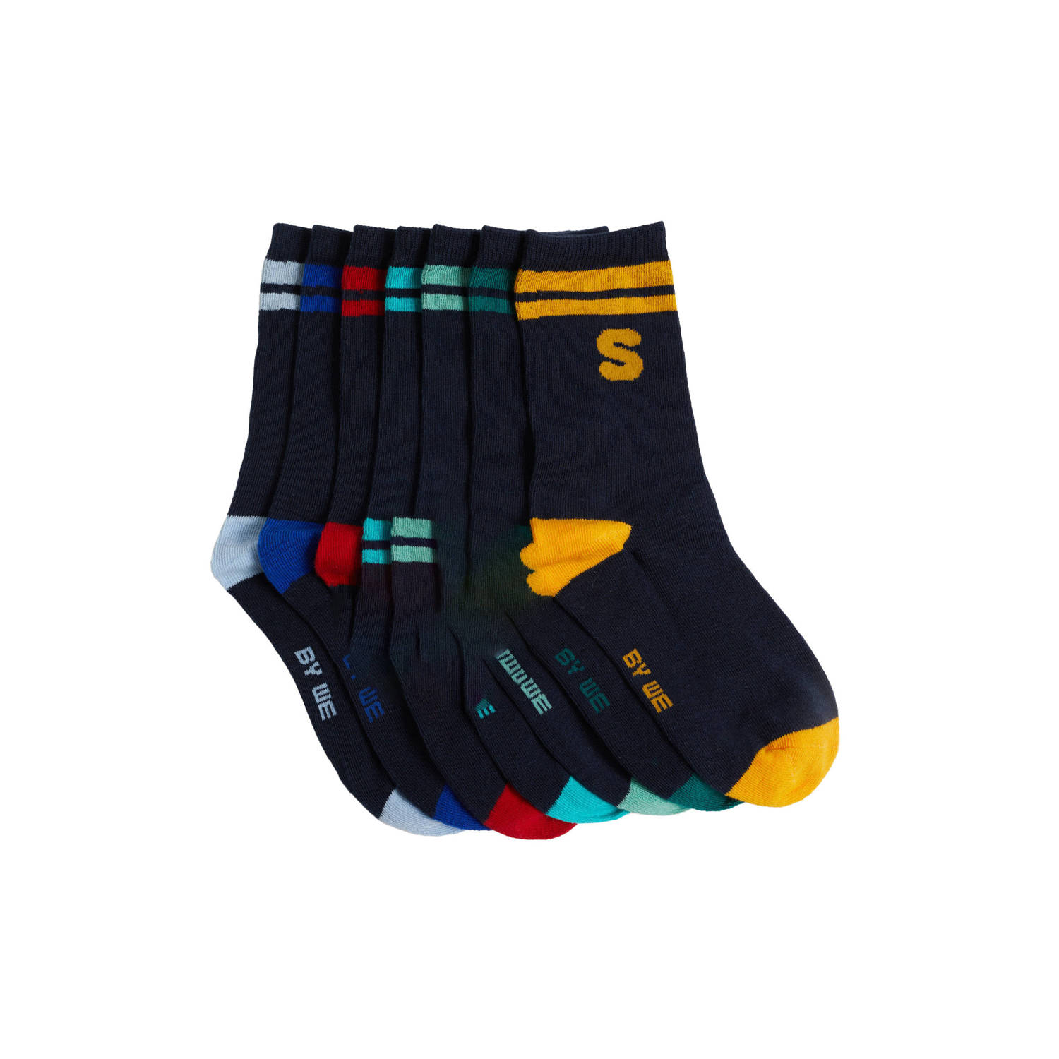 WE Fashion sokken set van 7 donkerblauw multicolor Jongens Stretchkatoen 23 26