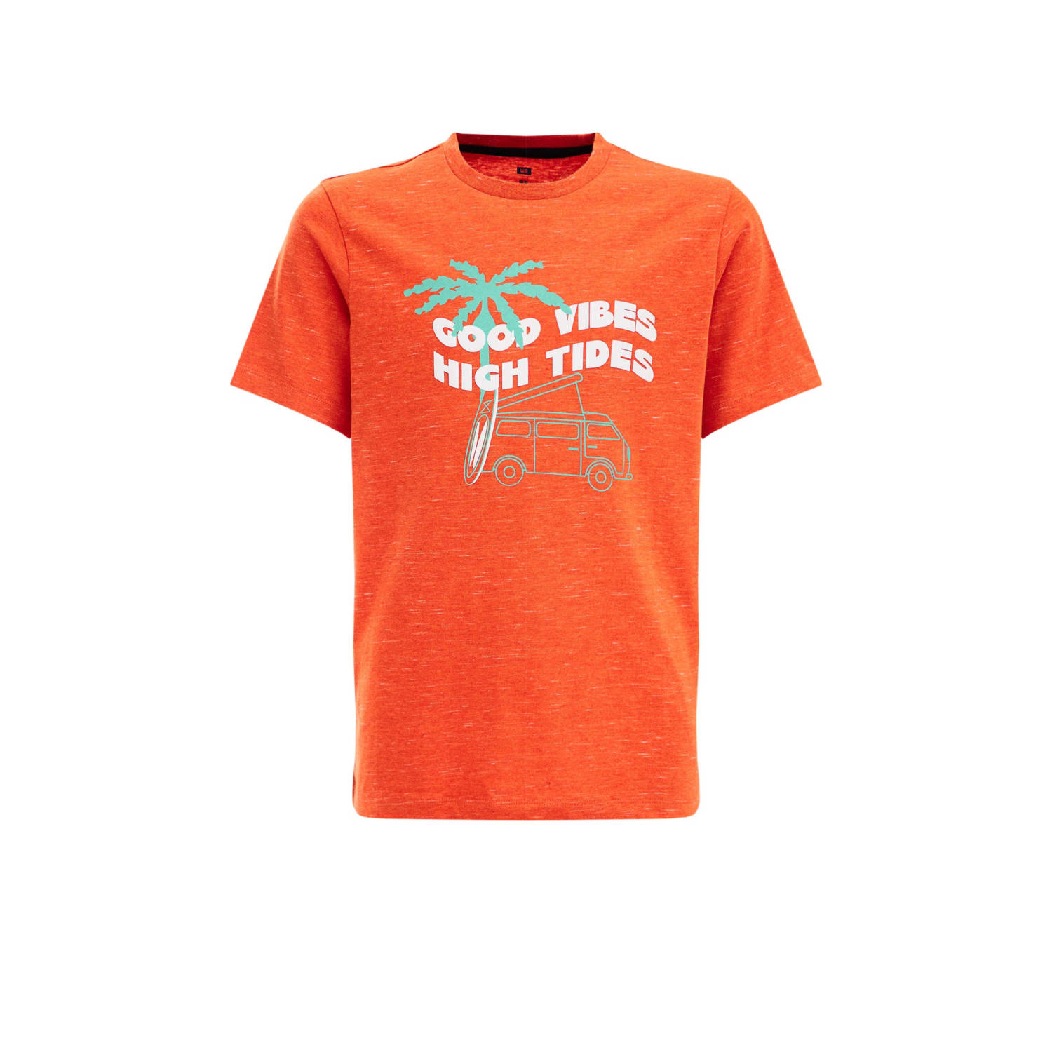 WE Fashion T-shirt met tekst rood Jongens Katoen Ronde hals Tekst 110 116