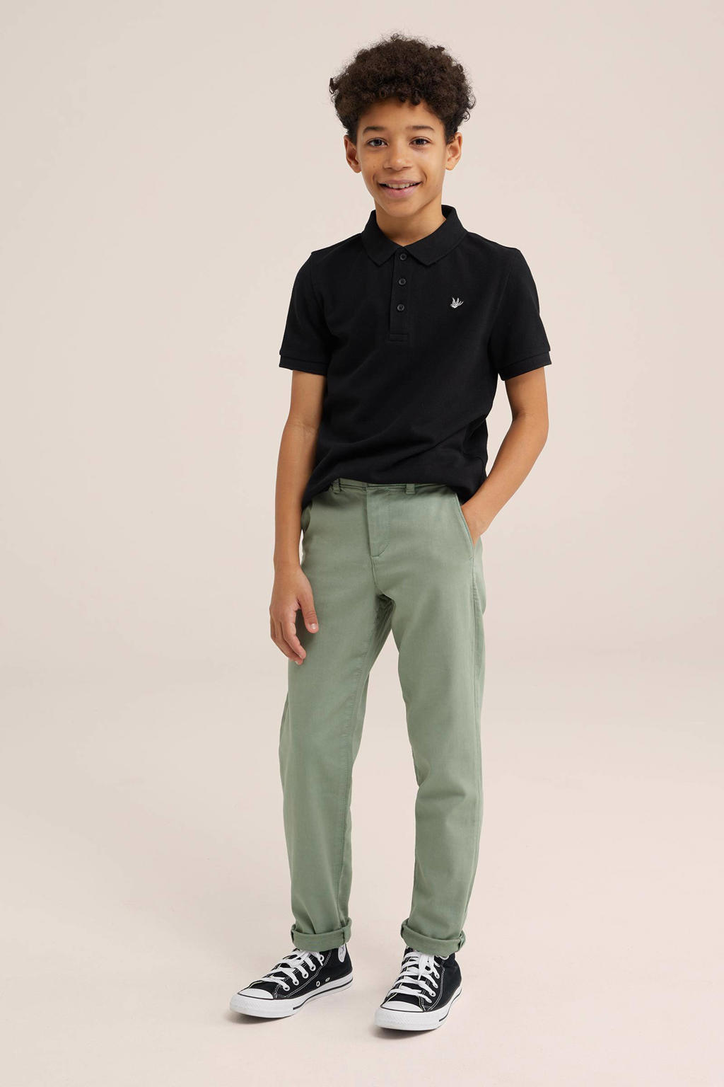 Groene jongens WE Fashion slim fit broek van katoen met regular waist en effen