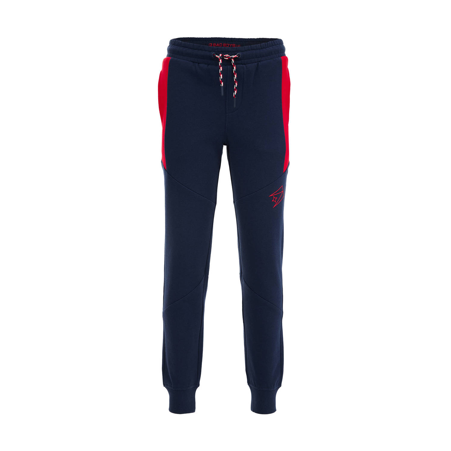 WE Fashion slim fit joggingbroek donkerblauw rood Jongens Katoen Effen 104