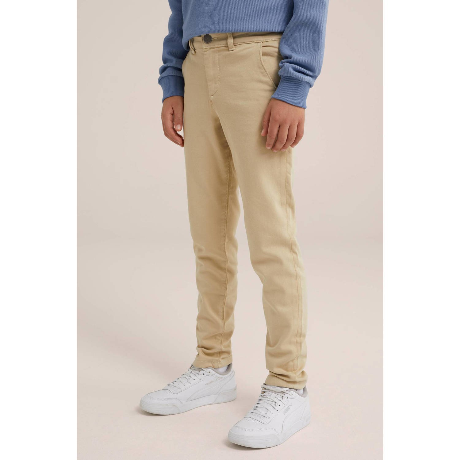WE Fashion slim fit broek beige Jongens Katoen Effen 104