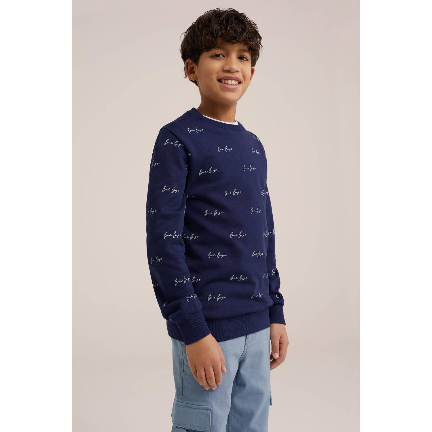 WE Fashion sweater met all over print donkerblauw