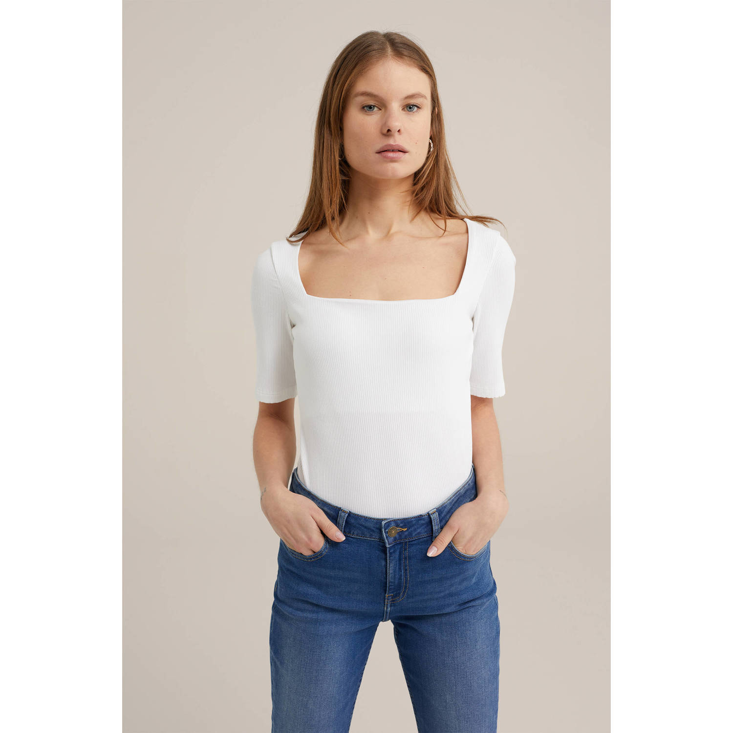 WE Fashion ribgebreide top wit