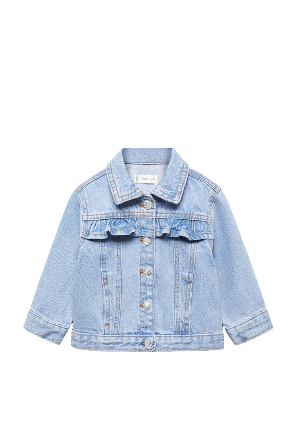 Light blue denim meisjes Mango Kids spijkerjas changeant van denim met effen, lange mouwen, klassieke kraag, knoopsluiting en ruches