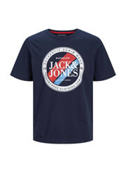thumbnail: Donkerblauwe heren JACK & JONES T-shirt van katoen met printopdruk, korte mouwen en ronde hals